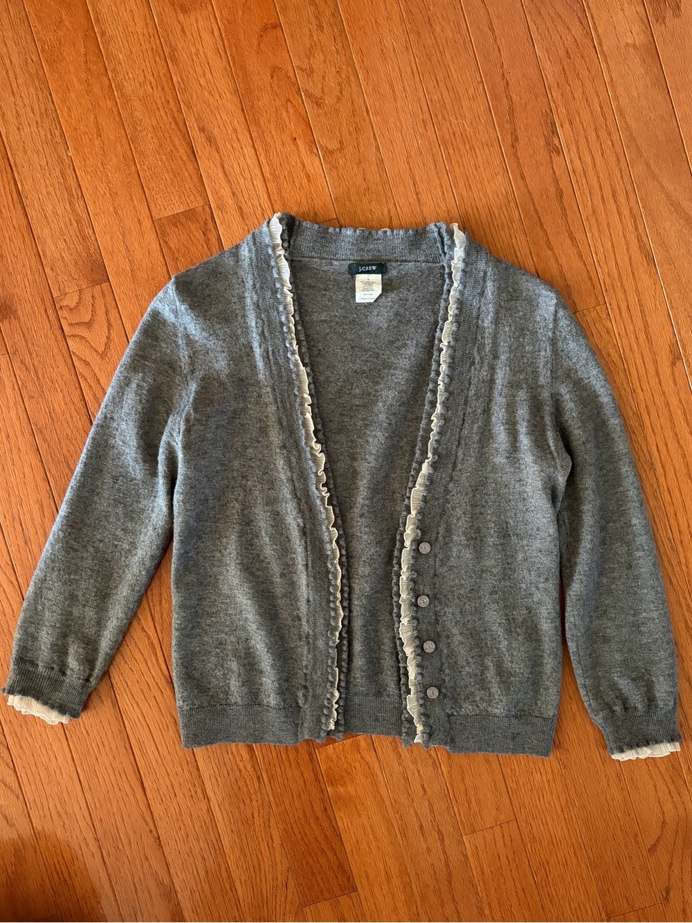J Crew Grey Ruffle-Trim Cardigan Sweater